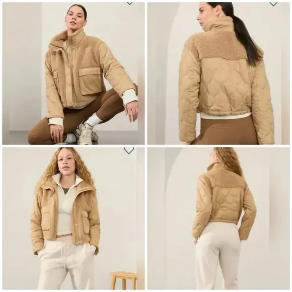 Athleta Fleece Hybrid Jacket Women's Large Tan Neutral Bomber Sherpa Quilted NEW - Picture 14 of 14